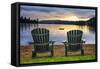 Two Wooden Chairs on Beach of Relaxing Lake at Sunset. Algonquin Provincial Park, Canada.-elenathewise-Framed Stretched Canvas