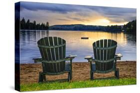 Two Wooden Chairs on Beach of Relaxing Lake at Sunset. Algonquin Provincial Park, Canada.-elenathewise-Stretched Canvas