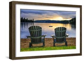 Two Wooden Chairs on Beach of Relaxing Lake at Sunset. Algonquin Provincial Park, Canada.-elenathewise-Framed Photographic Print