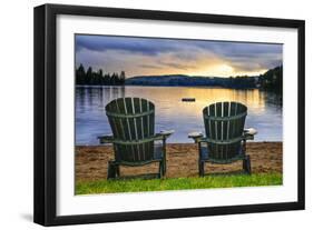 Two Wooden Chairs on Beach of Relaxing Lake at Sunset. Algonquin Provincial Park, Canada.-elenathewise-Framed Photographic Print