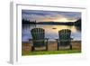 Two Wooden Chairs on Beach of Relaxing Lake at Sunset. Algonquin Provincial Park, Canada.-elenathewise-Framed Photographic Print