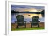 Two Wooden Chairs on Beach of Relaxing Lake at Sunset. Algonquin Provincial Park, Canada.-elenathewise-Framed Photographic Print