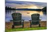 Two Wooden Chairs on Beach of Relaxing Lake at Sunset. Algonquin Provincial Park, Canada.-elenathewise-Mounted Photographic Print