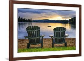 Two Wooden Chairs on Beach of Relaxing Lake at Sunset. Algonquin Provincial Park, Canada.-elenathewise-Framed Photographic Print