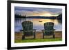 Two Wooden Chairs on Beach of Relaxing Lake at Sunset. Algonquin Provincial Park, Canada.-elenathewise-Framed Photographic Print