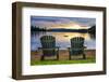 Two Wooden Chairs on Beach of Relaxing Lake at Sunset. Algonquin Provincial Park, Canada.-elenathewise-Framed Photographic Print