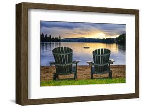 Two Wooden Chairs on Beach of Relaxing Lake at Sunset. Algonquin Provincial Park, Canada.-elenathewise-Framed Photographic Print