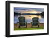 Two Wooden Chairs on Beach of Relaxing Lake at Sunset. Algonquin Provincial Park, Canada.-elenathewise-Framed Photographic Print