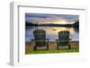 Two Wooden Chairs on Beach of Relaxing Lake at Sunset. Algonquin Provincial Park, Canada.-elenathewise-Framed Photographic Print