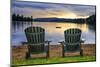 Two Wooden Chairs on Beach of Relaxing Lake at Sunset. Algonquin Provincial Park, Canada.-elenathewise-Mounted Photographic Print