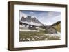 Two wooden lodges and Odle Dolomites. Malga Gampen, Funes, Bolzano, Trentino Alto Adige - Sudtirol,-ClickAlps-Framed Photographic Print