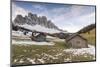 Two wooden lodges and Odle Dolomites. Malga Gampen, Funes, Bolzano, Trentino Alto Adige - Sudtirol,-ClickAlps-Mounted Photographic Print