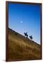 Two wranglers riding horses up a hill with full moon in background at blue hour-Sheila Haddad-Framed Photographic Print