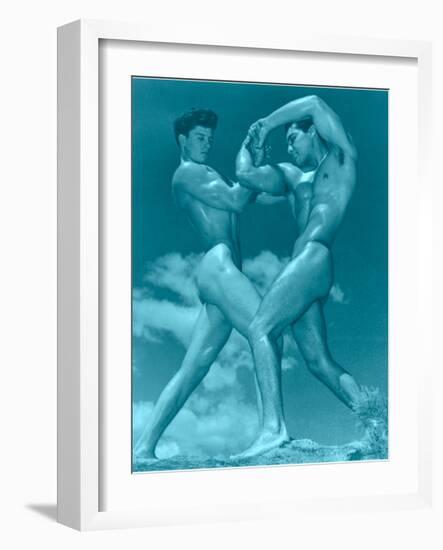 Two Wrestling Muscle Men in Blue Tint-null-Framed Art Print