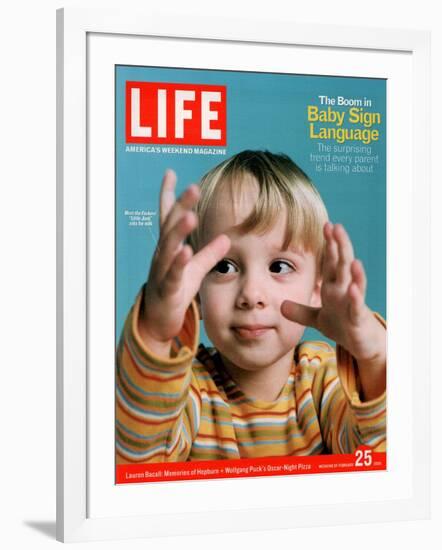 Two-year-old Bradley Pickren using baby sign language to communicate, February 25, 2005-Gabrielle Revere-Framed Photographic Print