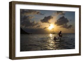 Two Young Boys Attempt to Surf on Praia Da Conceicao Beach at Sunset-Alex Saberi-Framed Photographic Print