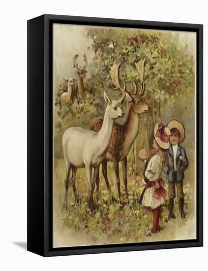 Two Young Children Feeding the Deer in a Park-null-Framed Stretched Canvas