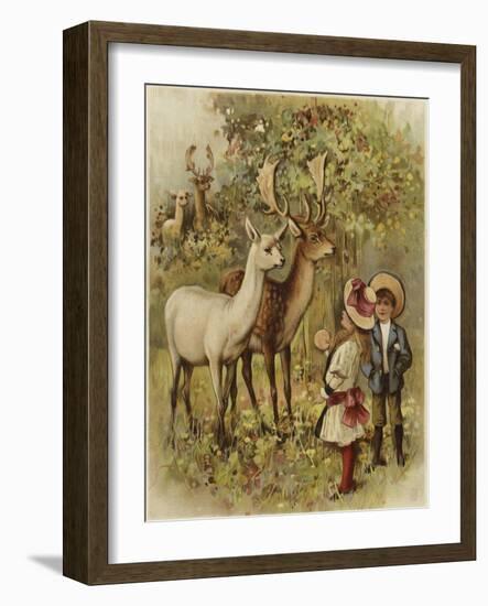 Two Young Children Feeding the Deer in a Park-null-Framed Giclee Print