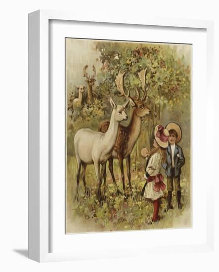 Two Young Children Feeding the Deer in a Park-null-Framed Giclee Print