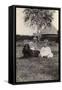 Two Young Children with a Spaniel Dog in a Garden-null-Framed Stretched Canvas