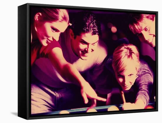Two Young Couples Playing Pool-null-Framed Stretched Canvas