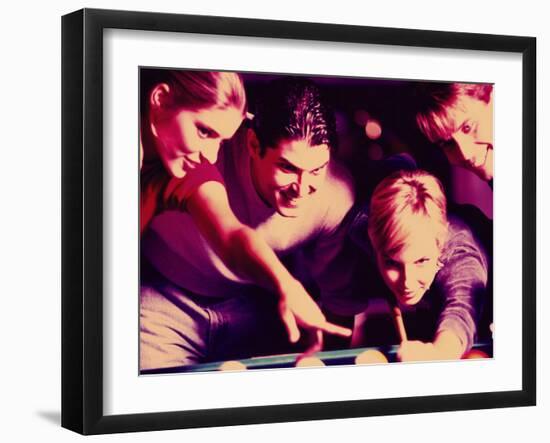 Two Young Couples Playing Pool-null-Framed Premium Photographic Print