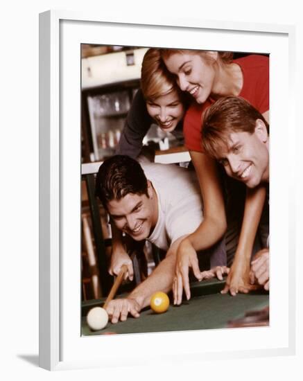 Two Young Couples Playing Pool-null-Framed Photographic Print