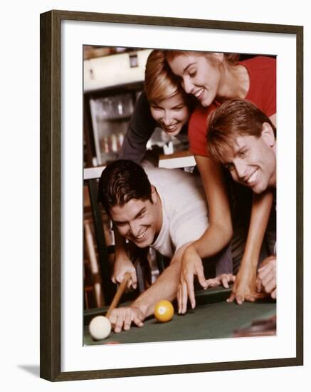 Two Young Couples Playing Pool-null-Framed Photographic Print