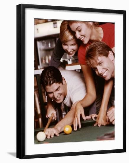 Two Young Couples Playing Pool-null-Framed Photographic Print