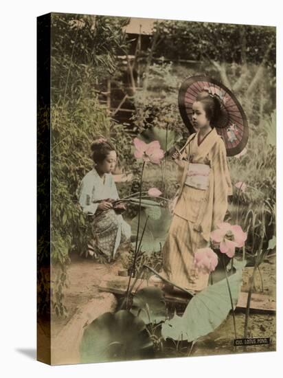 Two Young Japanese Girls, One Holding a Parasol, with Lotus Flowers-null-Stretched Canvas