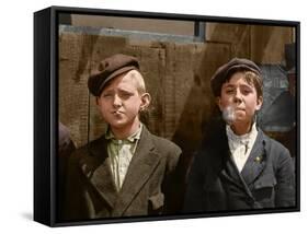 Two Young Newsboys Smoking, Saint Louis, Missouri, Usa, 1910 (Coloured Photo)-Lewis Wickes Hine-Framed Stretched Canvas