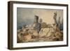 Two young women drawing the ruins of Rome,three figures in antique clothing observe them from above-Hubert Robert-Framed Giclee Print