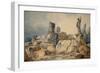 Two young women drawing the ruins of Rome,three figures in antique clothing observe them from above-Hubert Robert-Framed Giclee Print