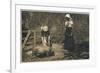 Two Young Women Tend to Pigs in Their Pen-null-Framed Art Print