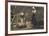 Two Young Women Tend to Pigs in Their Pen-null-Framed Art Print