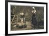 Two Young Women Tend to Pigs in Their Pen-null-Framed Art Print