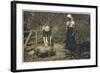 Two Young Women Tend to Pigs in Their Pen-null-Framed Art Print