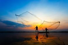 Fishermans in Action When Fishing at Sunrise, Wanon Niwat, Sakon Nakhon, Thailand.-TWStock-Photographic Print