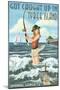 Tybee Island, Georgia - Pinup Girl Fishing-Lantern Press-Mounted Art Print