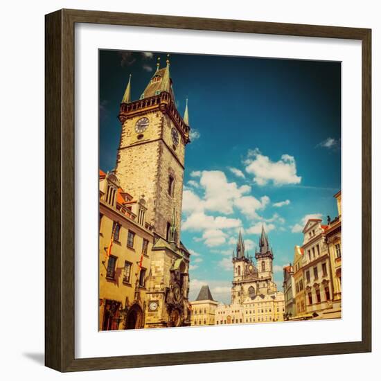 Tyn Cathedral Church and Famous Astronomical Clock, Prague, Czech Republic . Instagram Effect-scorpp-Framed Photographic Print