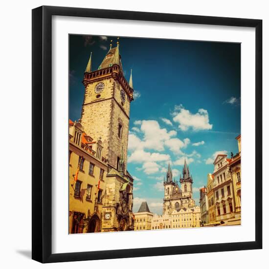 Tyn Cathedral Church and Famous Astronomical Clock, Prague, Czech Republic . Instagram Effect-scorpp-Framed Photographic Print