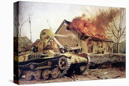 Type 97 Te-Ke Tankette And A Japanese Soldier Next To A Burning House (China 1941)-null-Stretched Canvas