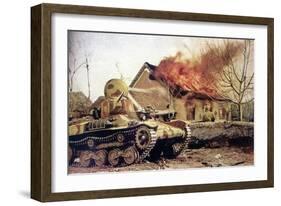 Type 97 Te-Ke Tankette And A Japanese Soldier Next To A Burning House (China 1941)-null-Framed Art Print