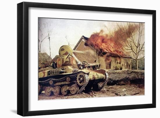 Type 97 Te-Ke Tankette And A Japanese Soldier Next To A Burning House (China 1941)-null-Framed Art Print