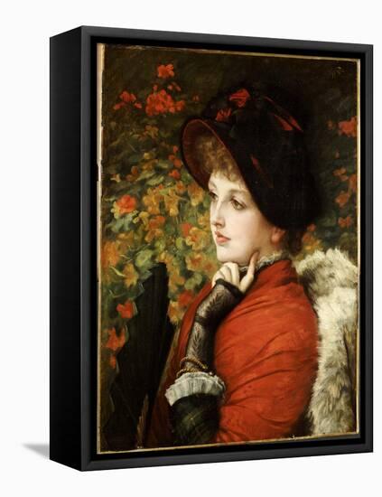 Type of Beauty: Portrait of Mrs. Kathleen Newton in a Red Dress and Black Bonnet, 1880-James Tissot-Framed Stretched Canvas