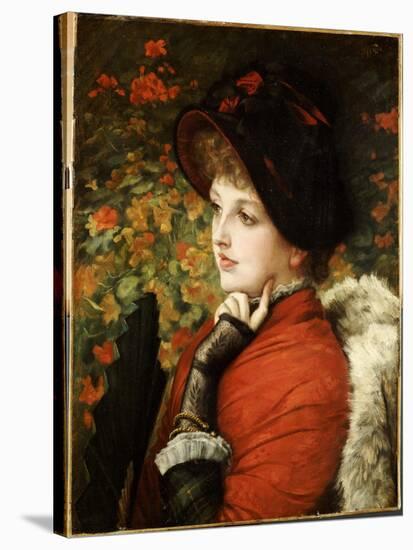 Type of Beauty: Portrait of Mrs. Kathleen Newton in a Red Dress and Black Bonnet, 1880-James Tissot-Stretched Canvas