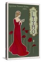 Typical Art Nouveau Lady with Red Poppies Reading a Book-null-Stretched Canvas