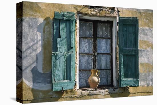 Typical French Window, with Turquoise Wooden Shutters and Terracotta Jug-LatitudeStock-Stretched Canvas