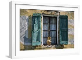 Typical French Window, with Turquoise Wooden Shutters and Terracotta Jug-LatitudeStock-Framed Photographic Print