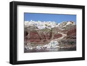 Typical Greek Village Perched on Volcanic Rock with White and Blue Houses and Windmills, Santorini-Roberto Moiola-Framed Photographic Print